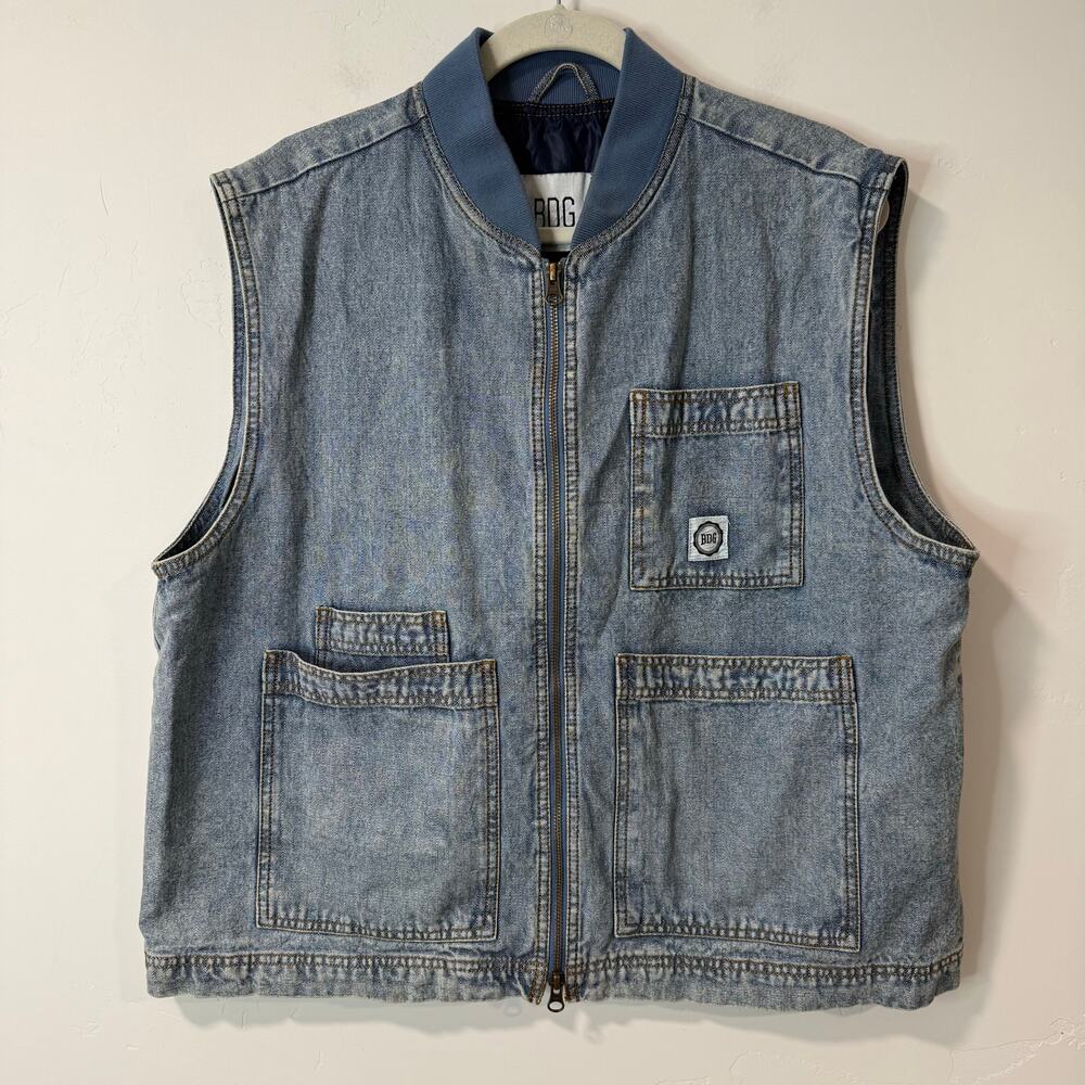 BDG Men's Chore Vest Cargo‎ Full Zip Denim Blue Large
